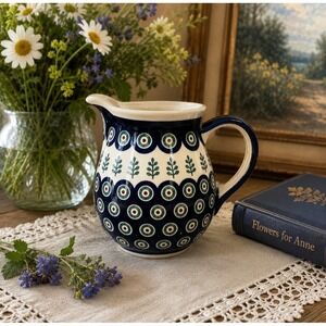 Vintage Bolesławiec Polish Pottery Peacock Eye Cream Pitcher 6" Handmade Poland
